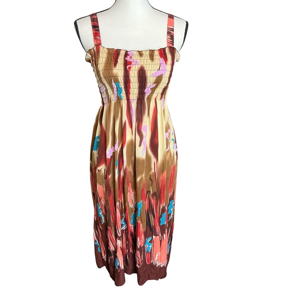 Lati Fashion Brown Multi Abstract Smocked Midi Dress Womens XXL Boho Summer